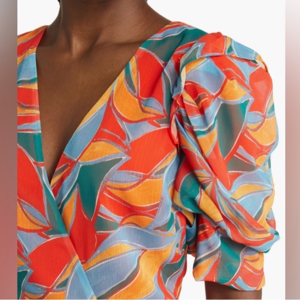 Adelyn Rae Pauline Puff Sleeve Blood Orange Multi Leaf Print Mini Dress. Size M. - Picture 10 of 16